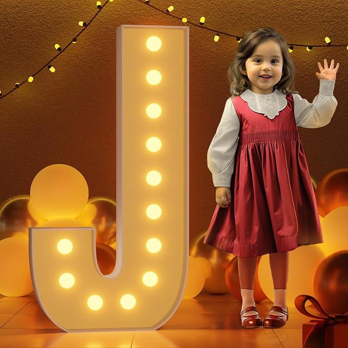 Party Decoration Letter J, 4 Ft Light-Up Marquee Sign with Light String