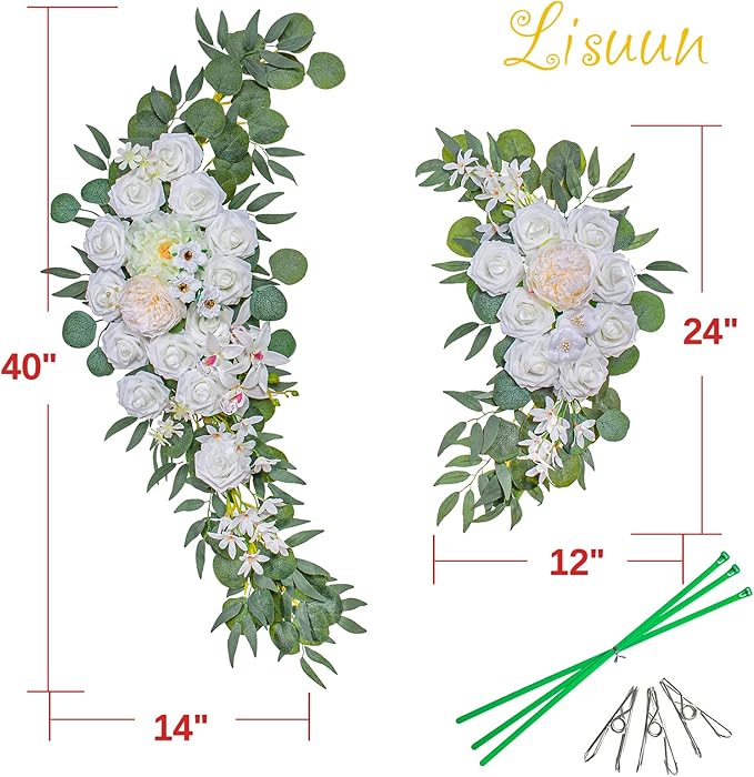 Artificial Flowers Wedding Arch Swag, White and Ivory Faux Silk, 40-Inch Set