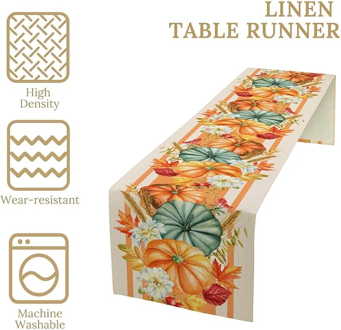 Autumn Table Runner,Orange Pumpkin Flowers Leaves Fall Table Runners Seasonal Kitchen Dining Table Decor for Thanksgiving Harvest Home Holiday Party 13x60 Inch