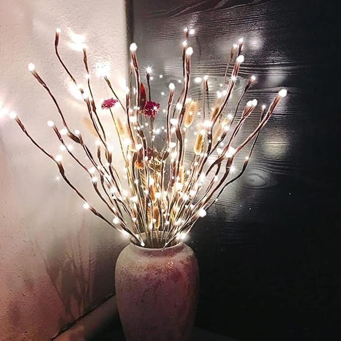 DK177 2 Pack Led Branch Light Battery Operated Lighted Branch Vase Filler Willow Tree Artificial Little Twig Power Brown 30 Inch 20 LED for Home Outdoor Indoor Romantic Decoration, White Light
