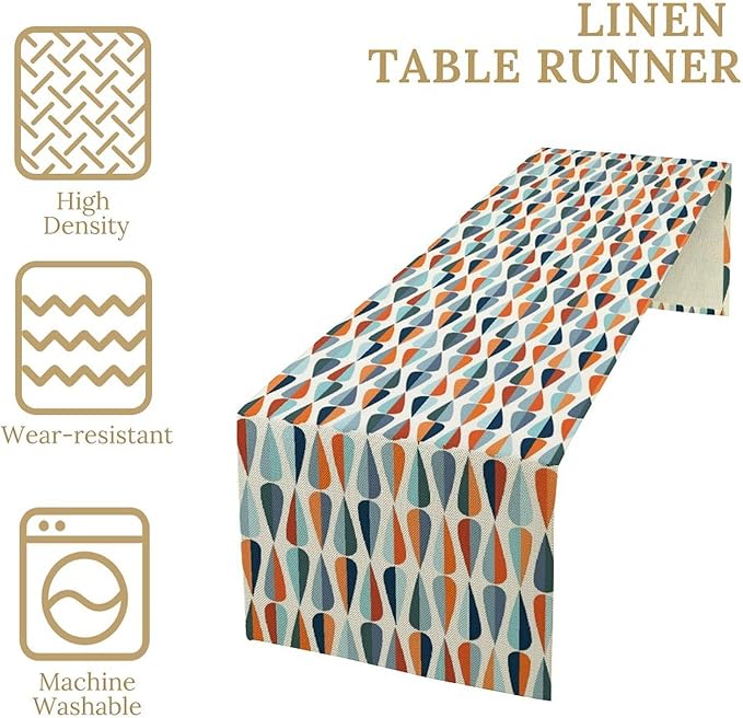 Mid Century Table Runner, Modern Style Retro Pattern Droplet Shapes Mosaic Tones Pattern Print for Home Kitchen Table Decor Dining Coffee Room Party Decor 13x72in