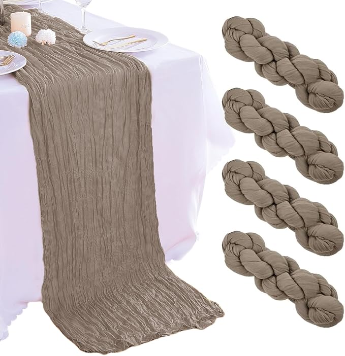 4 Pack Nude Cheesecloth Table Runner 35x120 Inch Boho Gauze Fabric Cheese Cloth Table Runner 10Ft Rustic Romantic Sheer Table Runners for Wedding Party Bridal Baby Shower Long Table Decoration