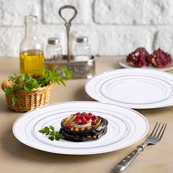 Plates Set with Silver Rim, White Plastic, 300 Pieces Total