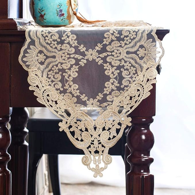 ARTABLE Rectangle Table Runner Lace Macrame Embroidered Table Runners with Exquisite Vintage Shabby Chic for Holiday Wedding Long Dinner Tables (Light Gold, 12 x 84 Inch)