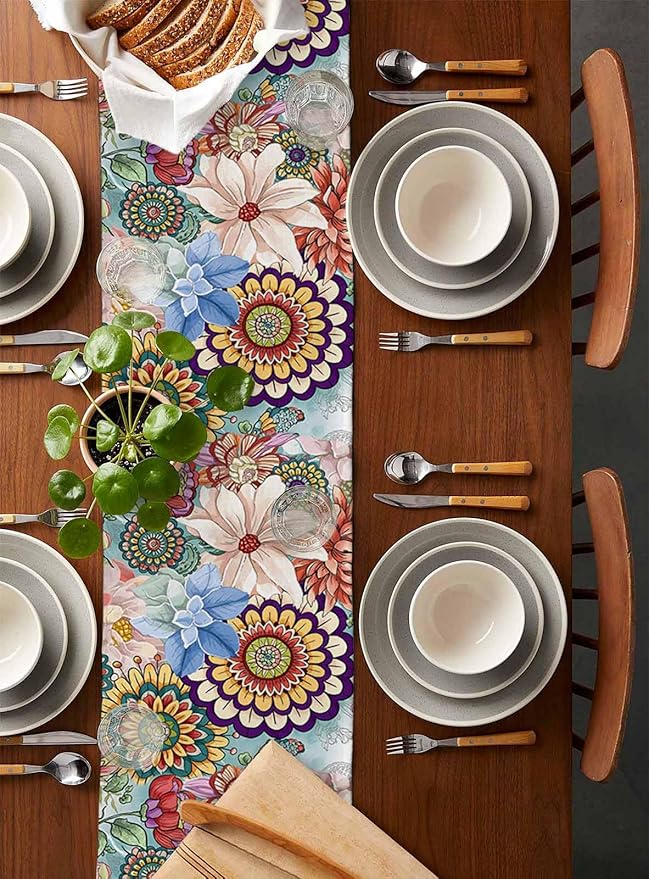 Boho Flowers Cotton Linen Table Runner for Dining Kitchen, Wedding Outdoor Party Tablerunners Decoration, Colorful Floral Farm Vintage Botanical Dresser Scarf Coffee Tablecloth Runners 13x72 Inches