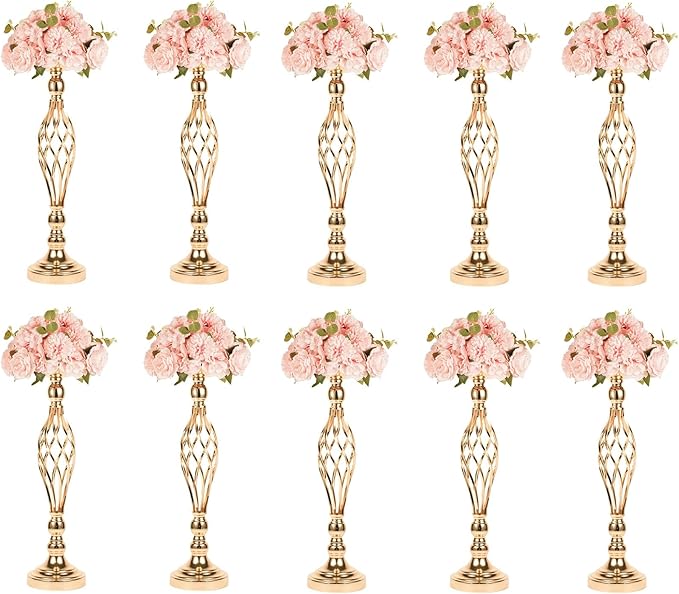 Candlestick Holders Gold Metal Flower Vases, Set of 10, 20.5-Inch Tall