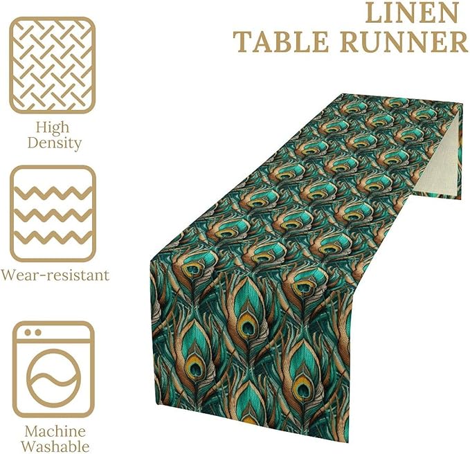 Peacock Feather Table Runner,Retro Aesthetic Green Table Runner for Home Kitchen Dining Party Indoor Outdoor Decoration 13x36 Inch