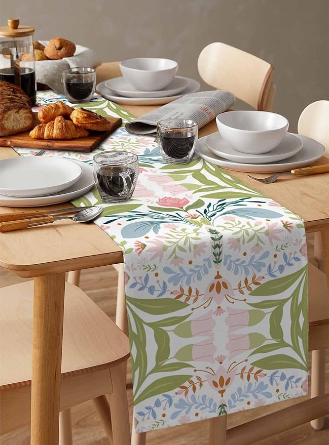 Green Blue Pink Boho Floral Cotton Linen Table Runner for Dining Kitchen, Wedding Outdoor Party Tablerunners Decoration, Retro Bohemian Botanical Dresser Scarf Coffee Tablecloth Runners 13x72 Inches