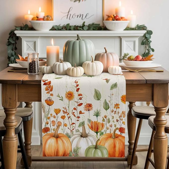 Fall Wildflowers Cotton Linen Table Runner for Dining Kitchen, Thanksgiving Pumpkin Outdoor Party Rustic Tablerunners Decoration, Botanical Floral Vintage Dresser Scarf Tablecloth Runners 13x48 Inches