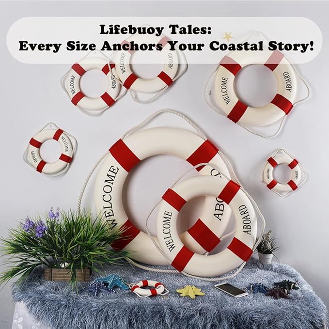 MorroMorn Lifebuoy Wall Hanging Decor - Welcome Aboard Mediterranean Style Home Decoration (Red, 20")