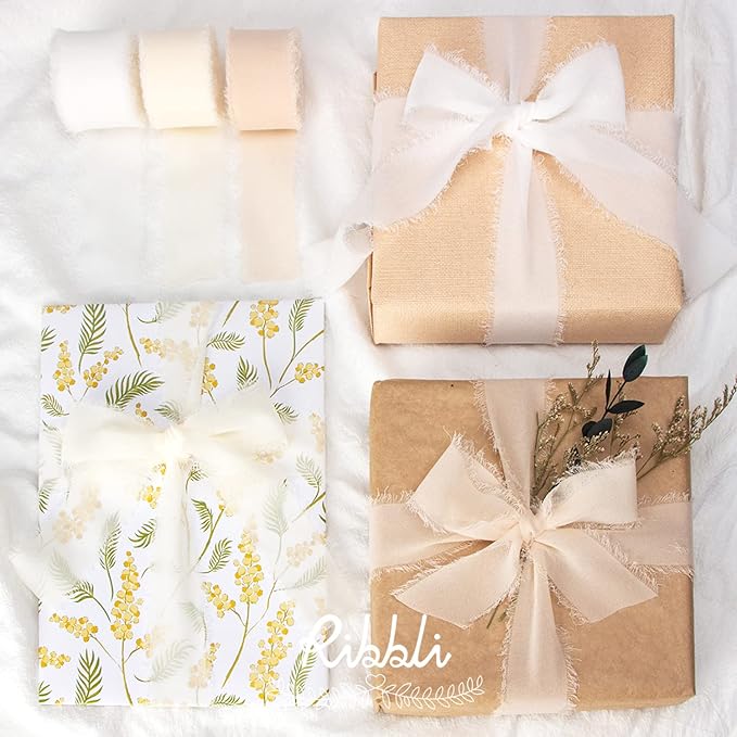 Ribbli White Chiffon Ribbon - 1.5 inch x 30 Yard Handmade Silk, Fringe Chiffon for Wedding Invitations, Gift Wrapping, Bridal Bouquets, Flower Arrangement