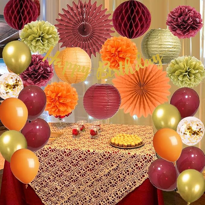 Tissue Pom Poms Fall Birthday Party Decor Kit, Burgundy Orange Gold