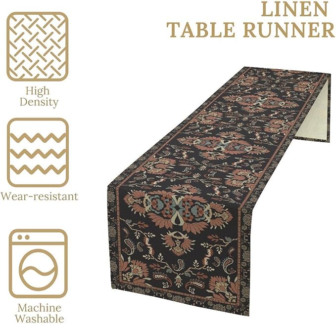 Boho Paisley Farmhouse Table Runner, Vintage Red Blue Retro Flower Rustic Country Style Floral Print Pattern for Home Kitchen Table Decor Dining Coffee Room Garden Party Decor 13x90in