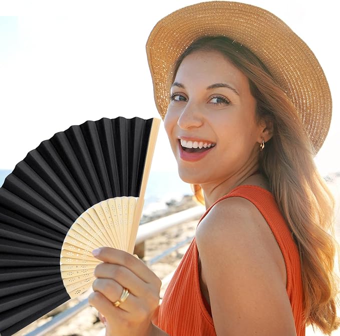 12 Pieces Black Hand Held Bamboo Folding Fans Paper Fans Handheld for Women Foldable Girls Wedding Decoration Church Home Party Favors Summer