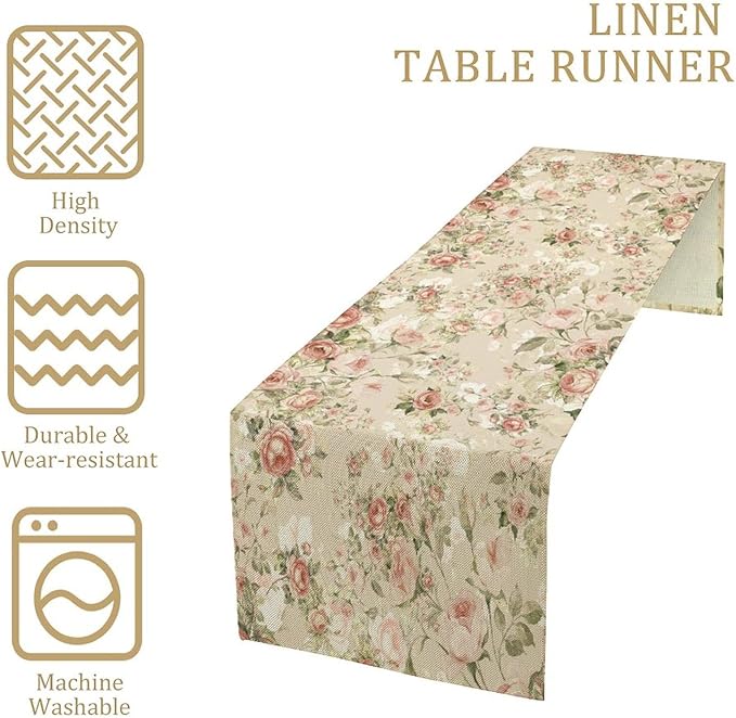 Lovely Rose Table Runner, Red and White Vintage Rose Delicate Floral Natural Pattern Long Table Restaurant Kitchen Holiday Party Decoration,13in（33cm） W * 72in（184cm） L