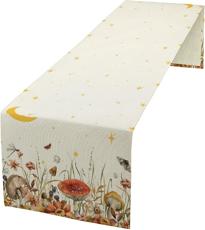 Mushroom Kitchen Table Runner, Gothic Moon Star Plants Witchy Moonlit Flower Butterfly Table Runner for Kitchen Dinner Living Room Drapes, 13x60 Inch White