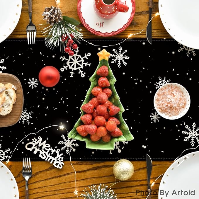 Artoid Mode Black Snowman Snowflake Let it Snow 2PCS Winter Table Runner, Christmas Kitchen Dining Table Decoration for Home Party Decor 13x72 Inch