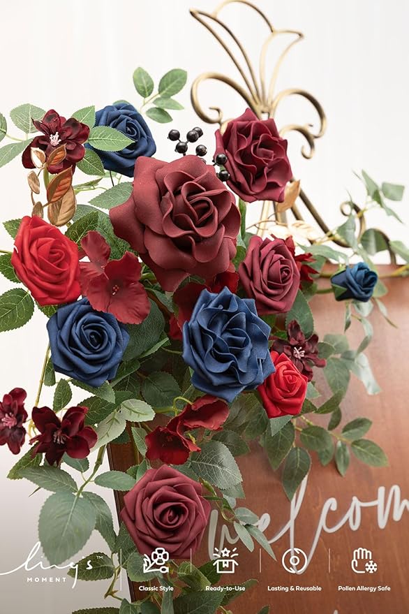 Artificial Floral Swag Set of 2 for Welcome Sign, Burgundy and Navy Blue