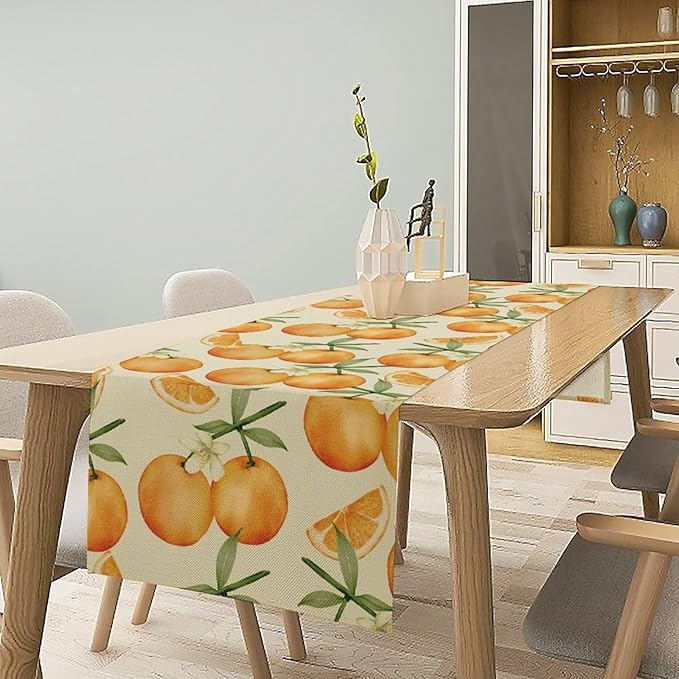 Spring Summer Orange Citrus Table Runner Watercolor Sweet Fruit Botanical Print Dinner Runner for Farmhouse Baby Shower Party Holiday Home Kitchen Dining Table Decor 13x90