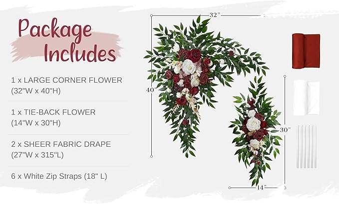 Artificial Rose Wedding Arch Flower Kit, Marsala Silk, 2 Pieces