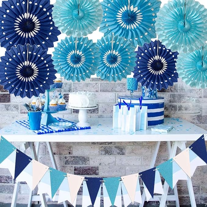 15pcs 6'' 8'' 10'' Paper Fans Set - Blue Tissue Paper Fans Decor for Party, Birthday, Wedding Events