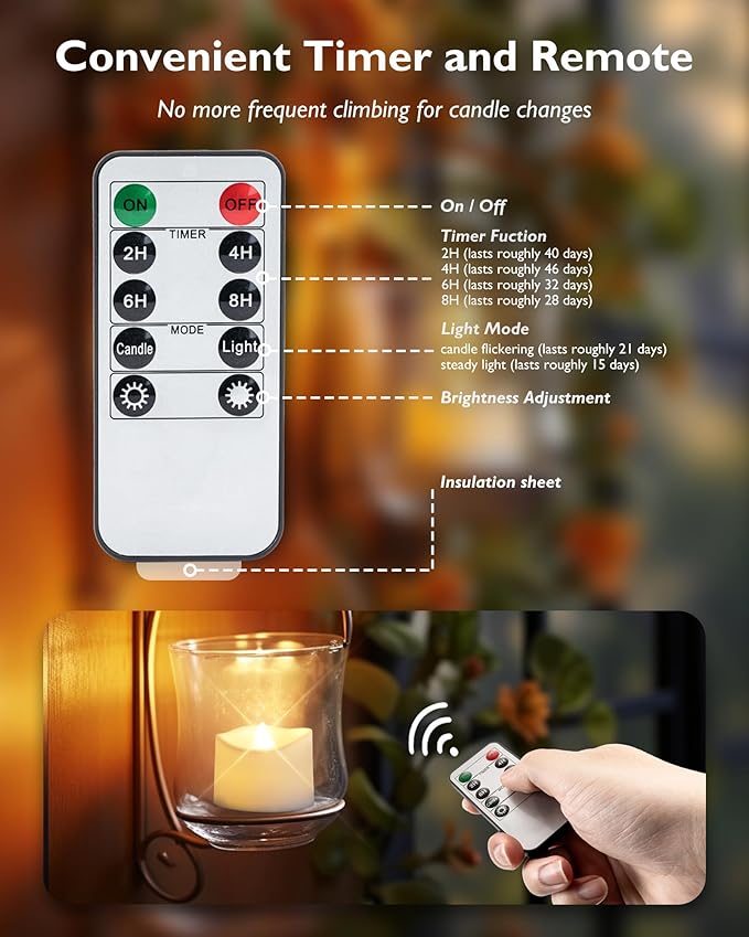 Homemory 12pcs Remote Timer LED Tea Lights Candles, 400+Hours Flickering Flameless Battery Votive Tealights for Tabletop Lighting, Centerpieces Decor, Holiday