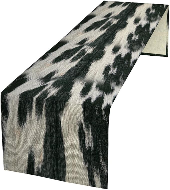 Rustic Cow Skin Print Table Runner, Country Farm Animal Fur Skin Pattern Western Style Brown Cowhide Print Cotton Linen Cottage Dinner Runner for Home Kitchen Dining, 13x120 Inch