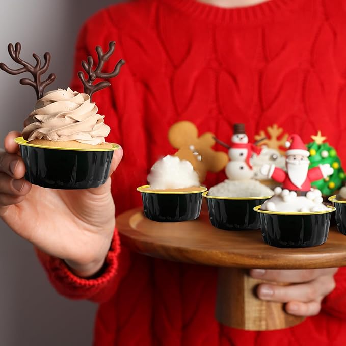 Baking Cups with Lids, 8 oz Aluminum Foil, 100 Count, Black and Gold