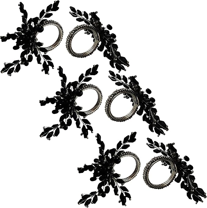 Napkin Rings Set of 12 for Dining Table Decoration Parties Everyday Metal Napkin Holder Leaf Black (Pack of 12)
