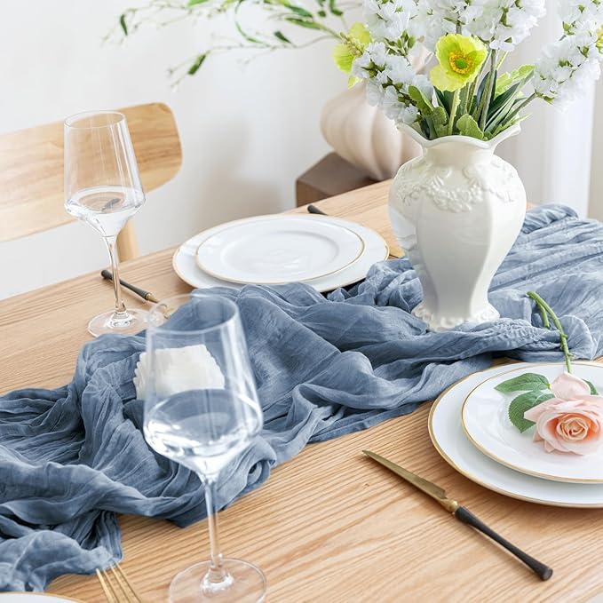 Asee'm 3pcs Cheesecloth Table Runner 120 Inches Dusty Blue Boho Gauze Cheese Cloth Runner 10FT Rustic Sheer Table Runners for Centerpiece Wedding Baby Shower Spring Easter Decoration