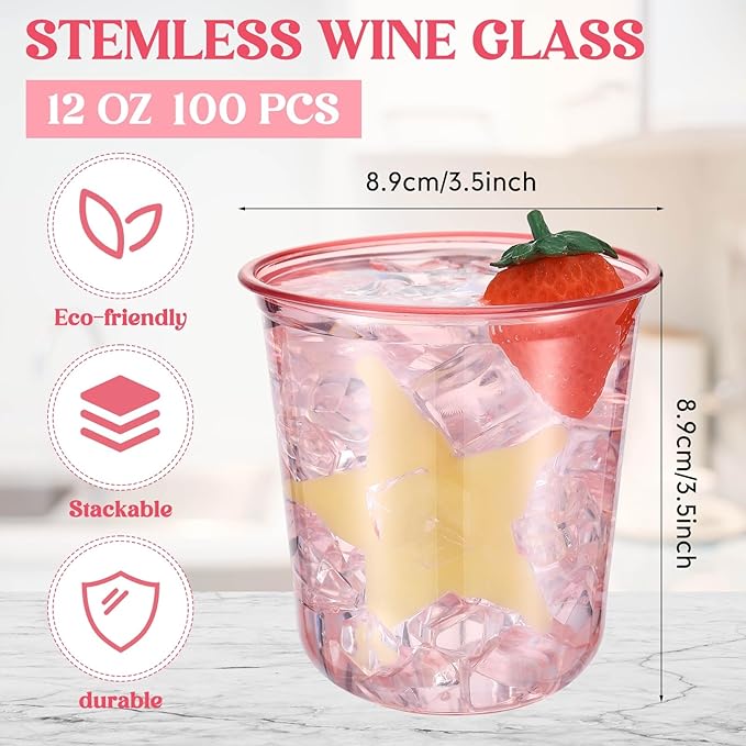 Disposable Plastic Wine Glasses, 100 Count, 12 oz Stemless Party Cups