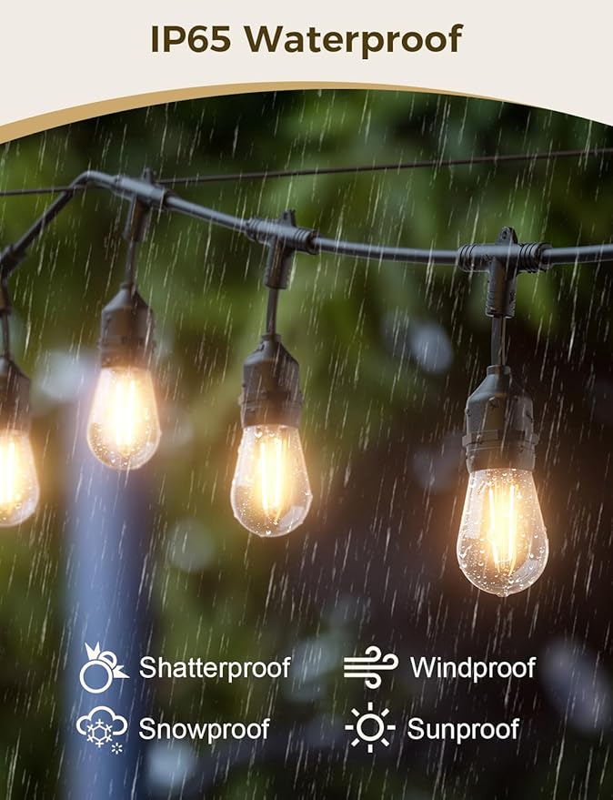 String Lights, Dimmable S14 Edison Bulbs, 2700K Warm White, IP65 Waterproof