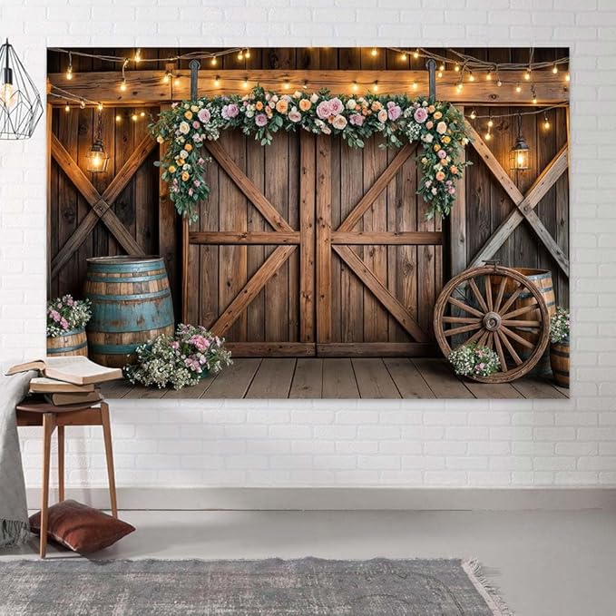 6x4ft Country Wedding Photography Backdrop Rustic Barn Door Photography Backdrop Farmhouse Pink Flower Cabin Wooden Birthday Baby Shower Wedding Bridal Party Banner Photo Booth Props Background