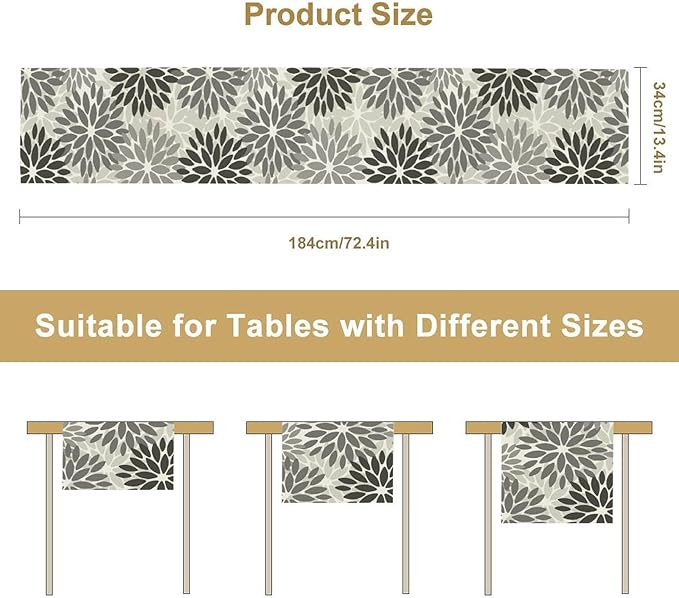 Gray Dahlia Flower Table Runner, Vintage Modern Linen Geometric Pattern Floral Table Runner Spring for Farmhouse Kitchen Dining Party Holiday Party, 13x120 Inch