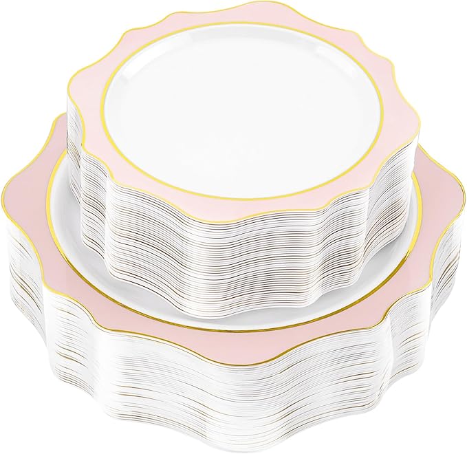 Disposable Plates, Pink Scalloped Plastic, 100 Count