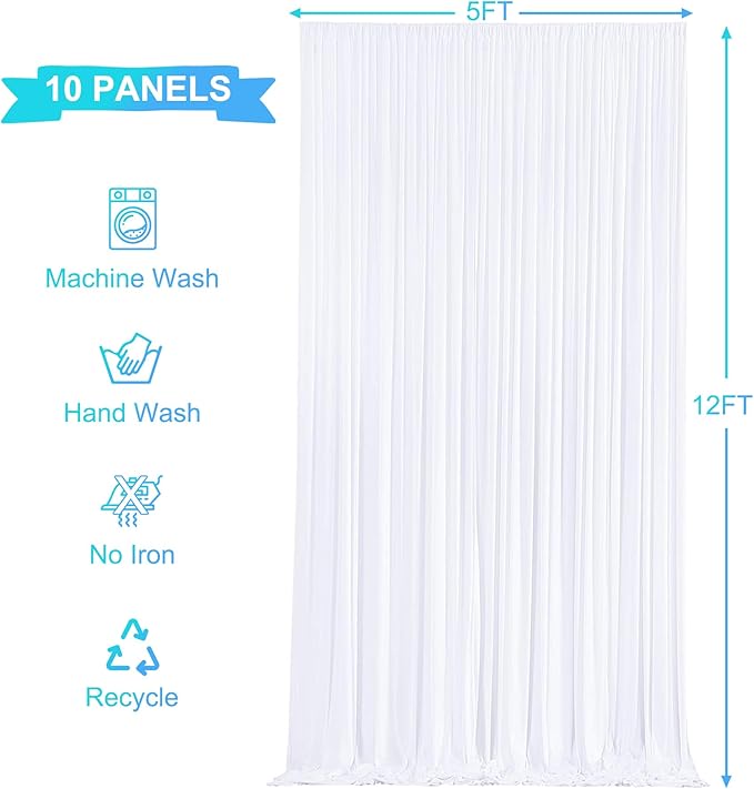 Backdrop Curtains, White Wrinkle Free Fabric, 5x12ft Panels, Set of 10