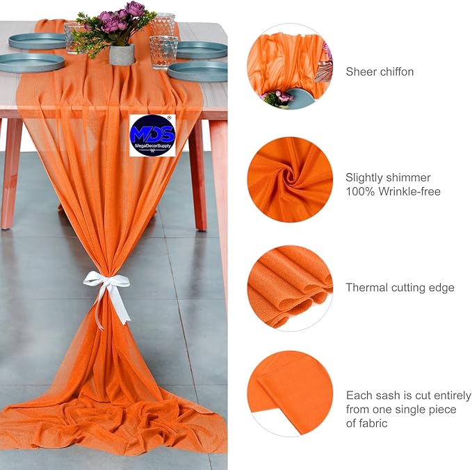 MDS 10 Pack 10ft Chiffon Table Runner 29 x 120 Inches Sheer Wedding Runner Romantic Rustic Table Runner for Wedding Decorations, Birthday Parties, Bridal Shower Party Arch Decor - Orange