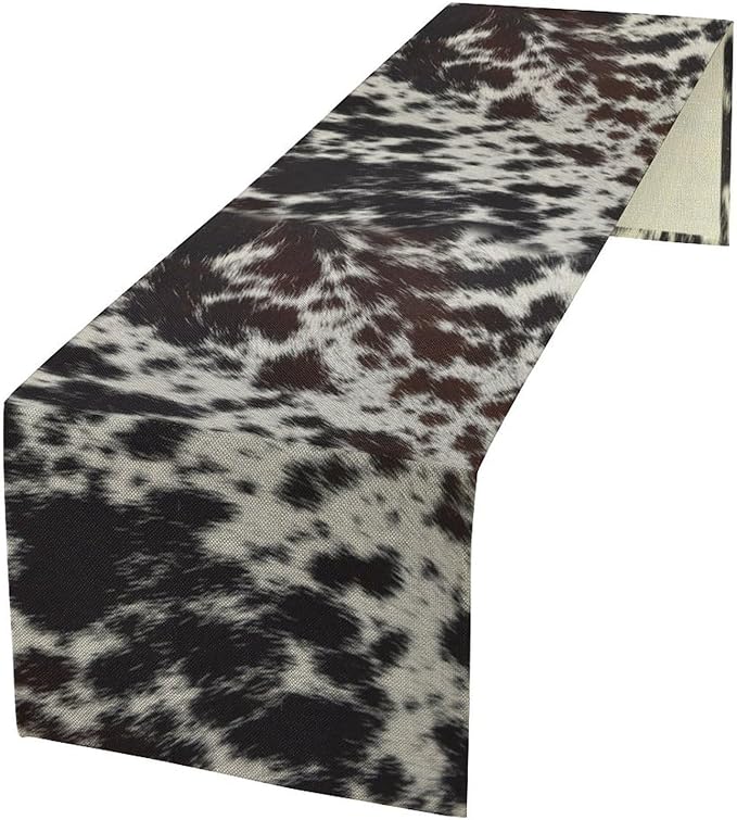 Cow Print Table Runner, Country Farm Animal Fur Skin Pattern Western Style Black Brown Cowhide Print Dinner Runner for Home Kitchen Dining Home Setting, 13x60 Inch