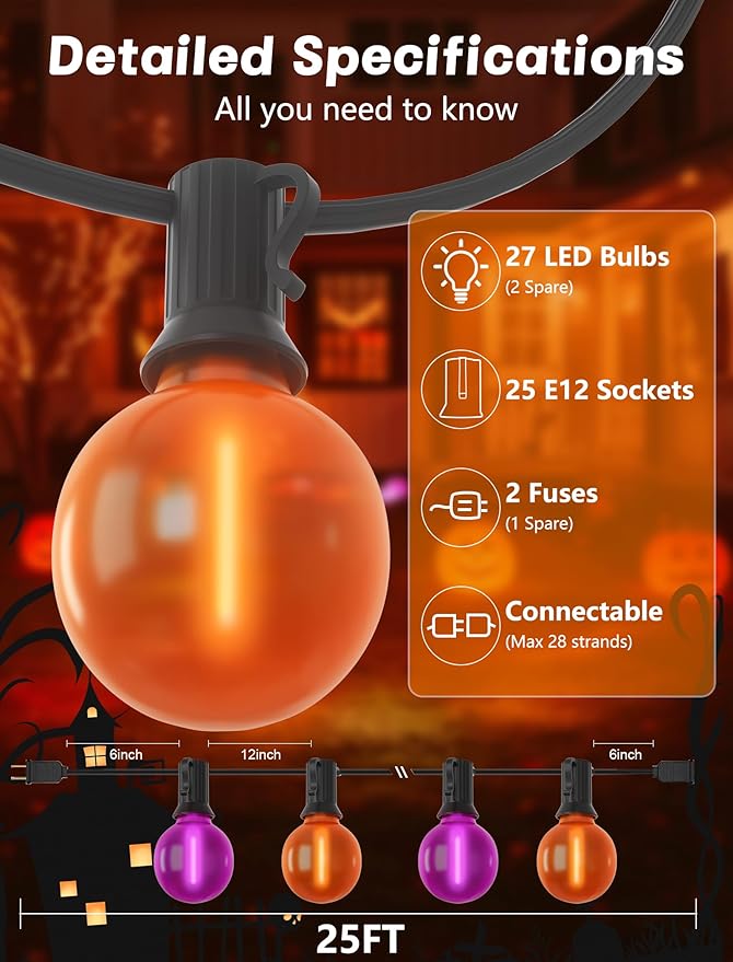 Indoor String Lights 25ft G40 LED Globe Bulbs in Orange and Purple