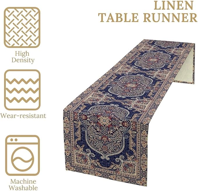 Vintage Boho Floral Table Runner, French Rustic Country Farmhouse Purple Golden Bohemia Flower Pattern for Home Kitchen Table Decor Dining Coffee Room Party Decor 13x72in