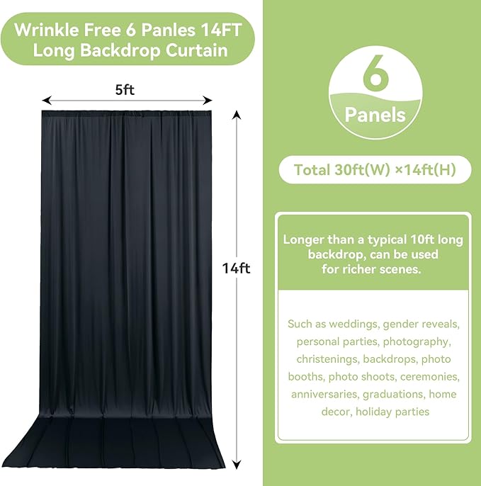 30ftx14FT Wrinkle Free Black Backdrop Curtain, 6 Panels 14FT Height Black Wedding Backdrop Drapes, Silky Polyester Back Drop Cloth for Birthday Photography Background Party Backdrop Draping