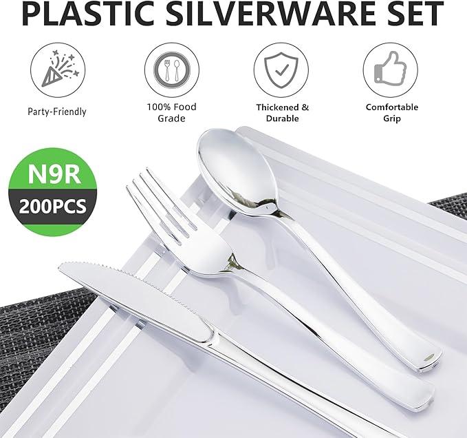 Disposable Silver Spoons, Forks & Knives Set, 200 Pieces, Glossy Plastic