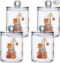 Gredecor 4 Pack Apothecary Jars with Lid Fall Gnome Maple Pumpkins Qtip Holder Dispenser Storage Containers Clear Plastic Cute Fall Autumn Thanksgiving Theme Canisters for Bathroom Vanity Organization