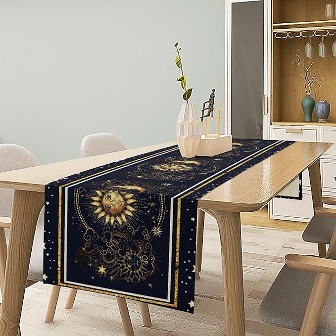 Sun Moon Table Runner, Seasonal Golden Sun Moon Holiday Kitchen Dining Table Runner for Kitchen Living Room Home Party Decor 13x60 Inch