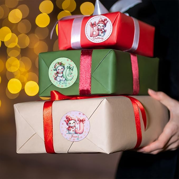 callie Personalized Christmas Stickers for Kids with Snowman Initial Name, Custom Waterproof Santa Labels for Gift Box, Party Decorations, Envelopes, 30pcs