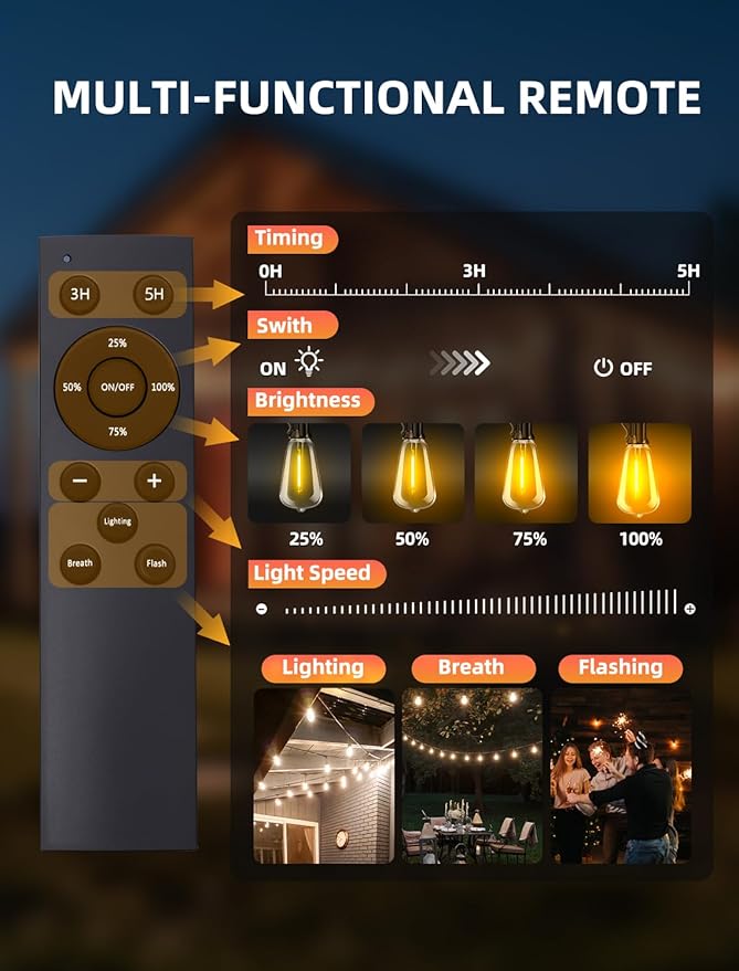 String Lights 50 Ft Outdoor Patio Edison Bulbs with Remote