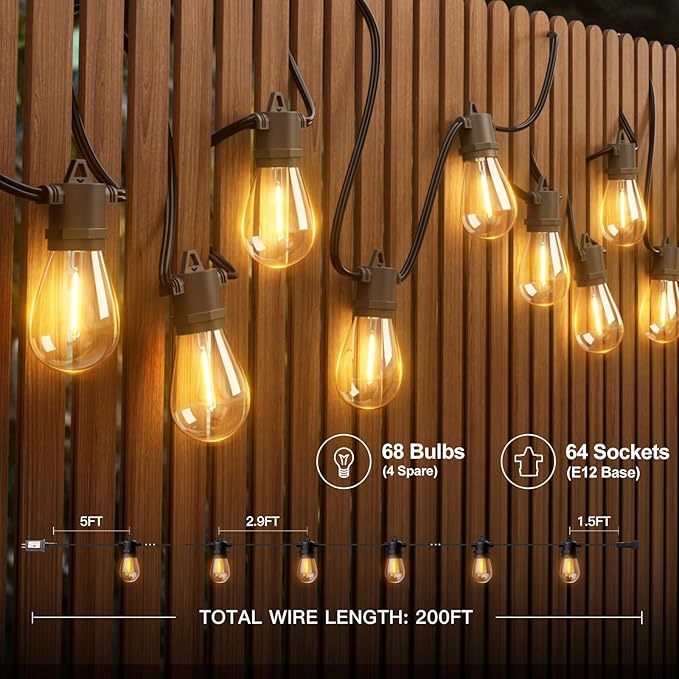 Outdoor LED String Lights, 200 FT Black Edison Bulbs