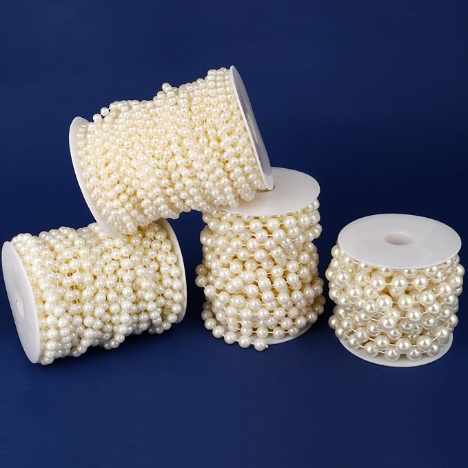 Pearl Bead Garland Trim, Ivory 12mm Beads, 16.4 Ft Roll