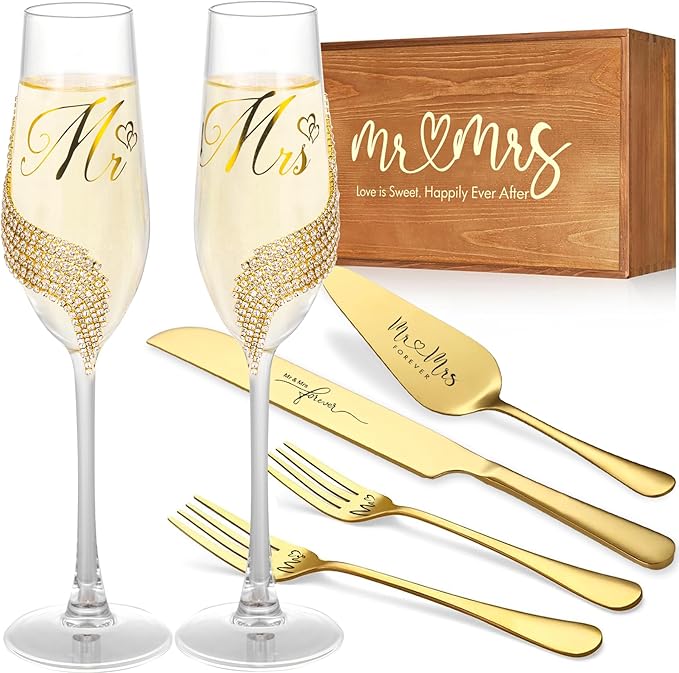 Champagne Glasses Set, Gold Mr and Mrs Flutes with Cake Knife, 6 Piece