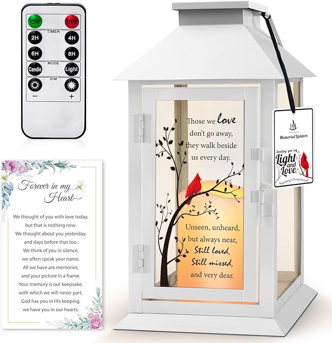 Decorative Memorial Candle Lantern, 14.2 Inch Flameless LED, Cardinal Design
